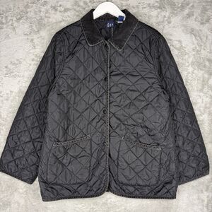 Vtg 90s Gap Quilted Jacket Womens XL Black Corduroy Collar Trim Chore Coat Snap